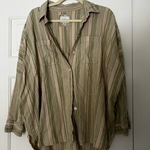 American Eagle Striped Button-Up Shirt - Olive & Tan, Oversized Fit